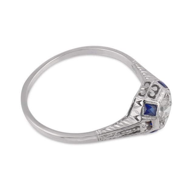 1930s Art Deco Gia Diamond Sapphire 18k White Gold Engagement Ring, Size 10.25 For Sale - Image 4 of 7