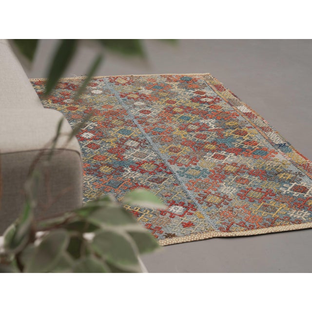 Textile 1970s Vintage Handmade Wool Cotton Blue Area Rug For Sale - Image 7 of 11