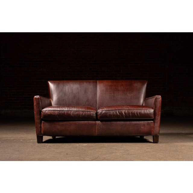 Mid-Century Modern Mid-Century Brown Leather Two-Seat Sofa With Low Profile Frame For Sale - Image 3 of 10