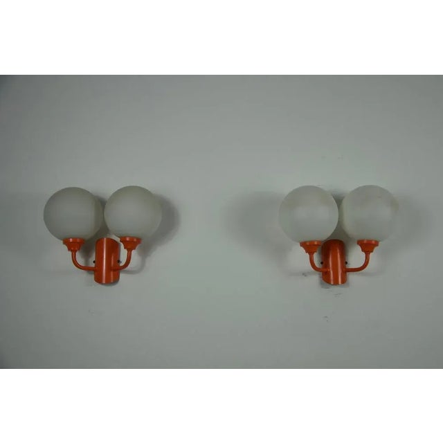 Orange Metal and Opaline Glass Wall Lamps, 1960s, Set of 2 For Sale - Image 6 of 9