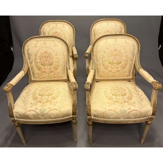 19th Century French Louis XVI Polychrome & Parcel-Gilt Armchairs, Set of 4 For Sale - Image 11 of 11