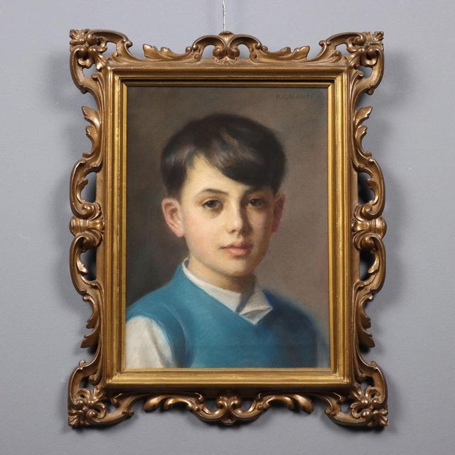 Piero Galanti, Portrait of a Boy, 20th Century, Crayon on Cardboard, Framed For Sale - Image 11 of 11