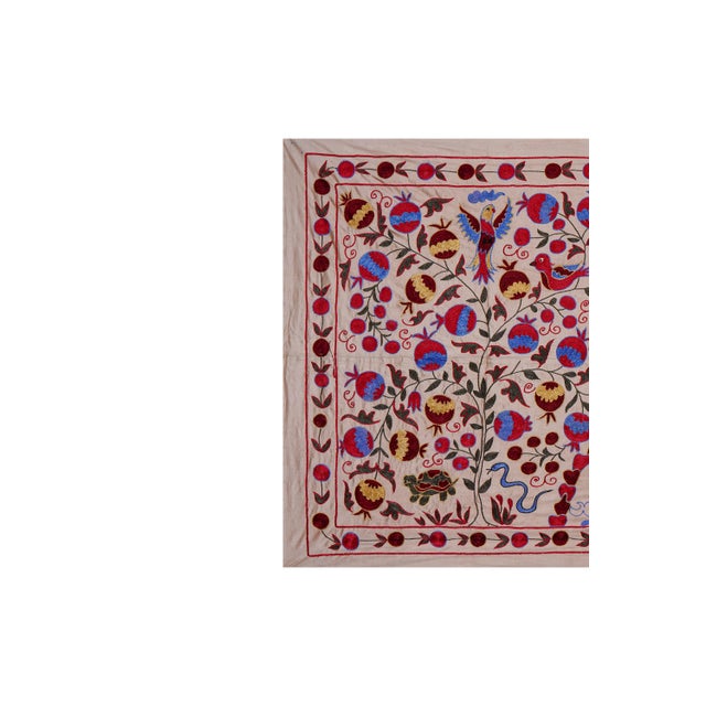 Handcrafted Uzbek Suzani Wall Tapestry – Folk Art Bird & Tree Design Decor 3'5'' X 6'1'' For Sale - Image 4 of 11