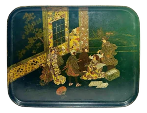 Large Early 20th Century Japanese Papier-Mâché Tray With Geisha Scene Meiji Period