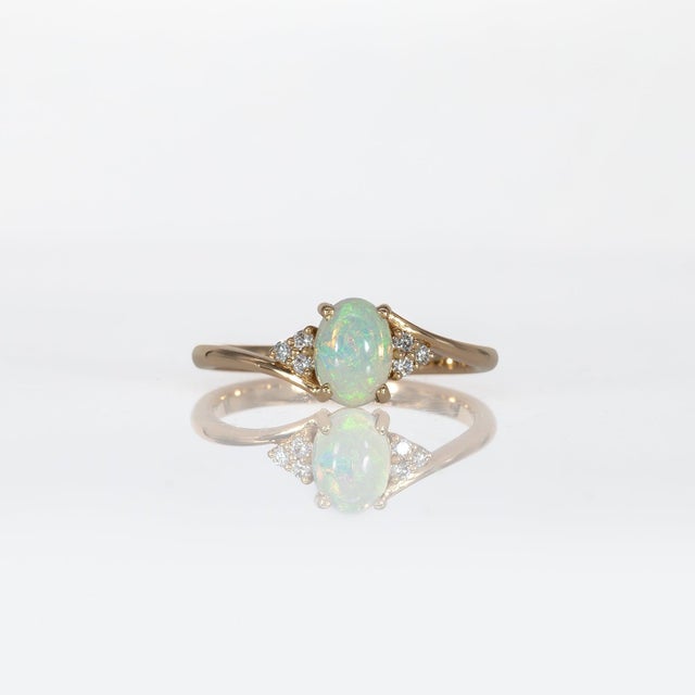2020s Ethiopian Opal Cabochon Ring With Diamond Accents: Solid 14k Gold, Size 6.75 For Sale - Image 5 of 10