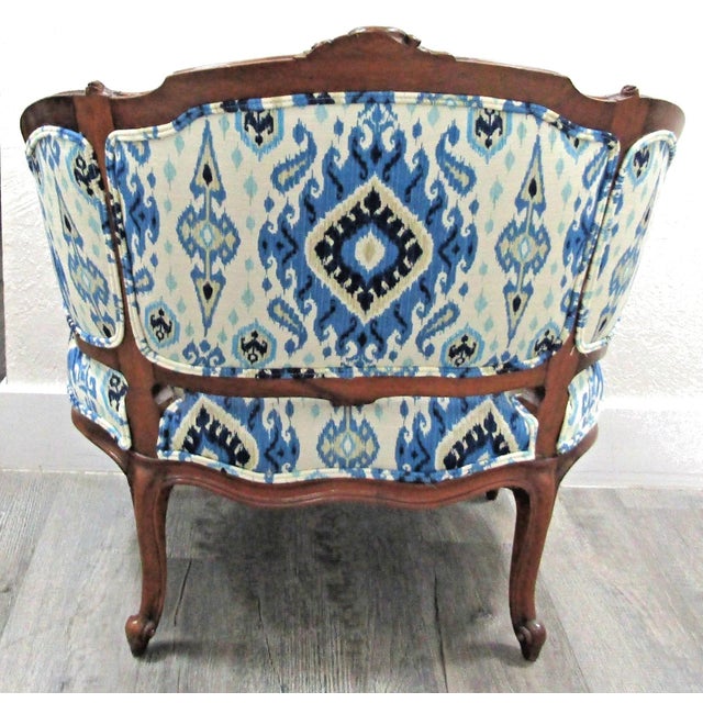 Blue Antique French Louis XV Carved Walnut French Bergère Armchair Ikat 18th Century For Sale - Image 8 of 18