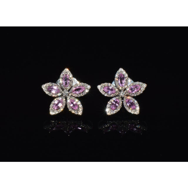 Hot Pink Certified Natural 2.36cts vs F Diamond Pink Sapphire 18k Solid Gold Floral Earrings- 2 Pieces For Sale - Image 8 of 13