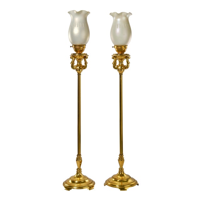 Table Top Brass Torchiere Lamps With Vintage Opaline Glass Shades a