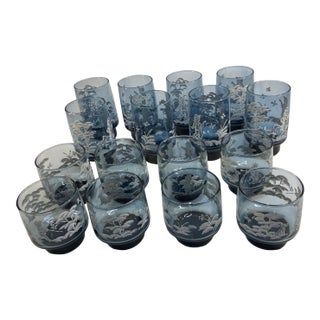 Vintage Mary Gregory Libbey Blue White Tumbler and Rocks Glasses- 16 Pieces For Sale