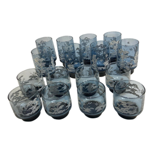 Vintage Mary Gregory Libbey Blue White Tumbler and Rocks Glasses- 16 Pieces