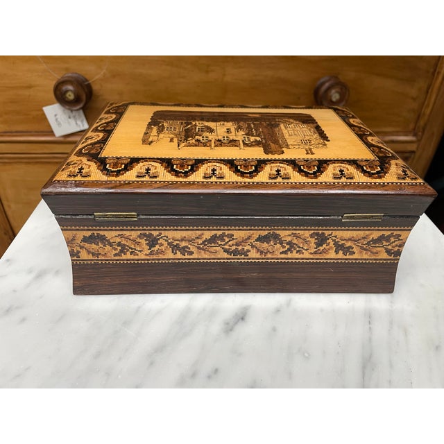 Wood British Castle Scene Turnbridgeware Jewelry Box For Sale - Image 7 of 10