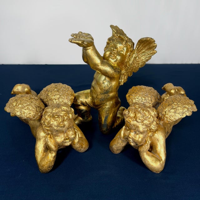 Mid 20th Century Set of 3 Vintage Hollywood Regency Gilded Cherub Putti Sculptures - Cast Composite Angels For Sale - Image 5 of 9