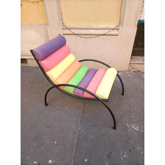 Metal Armchair in Black Lacquered Iron with Colored Fabric Cylinders, 1980s For Sale - Image 7 of 12