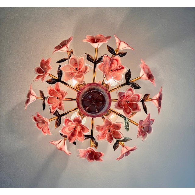 Italian 1980s Italian Pink Murano Style Glass Floral Chandelier – Hand-Painted Porcelain & Brass Ceiling Light For Sale - Image 3 of 18