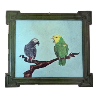 Oil Painting on Board Two Parrots on Branch in Green Lacquered Frame For Sale