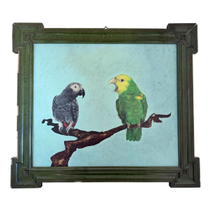 Oil Painting on Board Two Parrots on Branch in Green Lacquered Frame