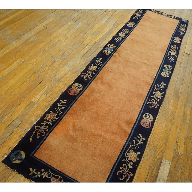 Art Deco 1920s Apricot Open Field Geometric Antique Chinese Peking Carpet 2'4" X 8'9" Rug For Sale - Image 3 of 10
