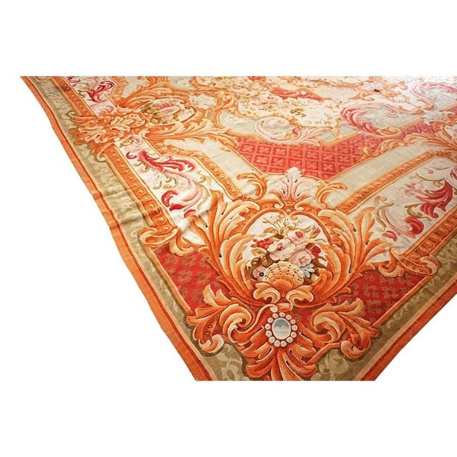 1850s Antique Aubusson French Large Wool Flat Weave Coral Rug For Sale - Image 9 of 9
