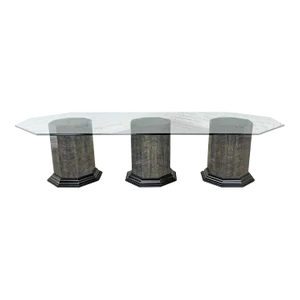 Greek Revival Dining Table Triple Pedestal Base & Elongated Octagon Glass Top Attributed to Bernhardt