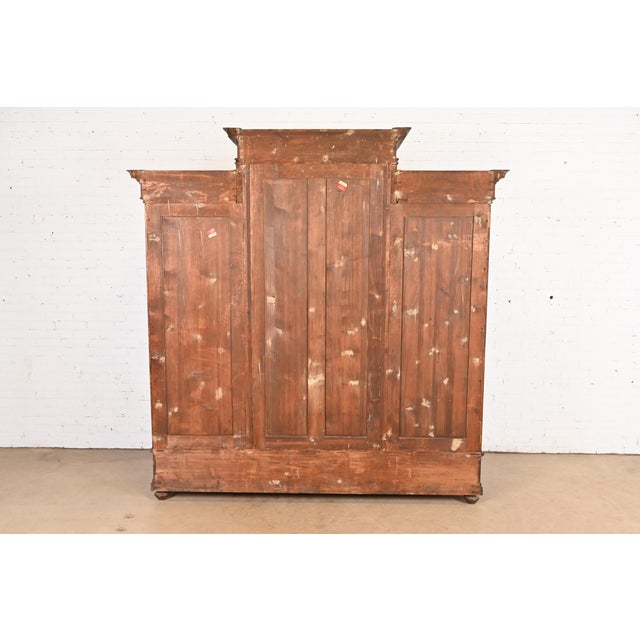 Herter Brothers Style Monumental Antique Eastlake Victorian Carved Walnut and Burl Wood Triple Bookcase Cabinet For Sale - Image 12 of 13