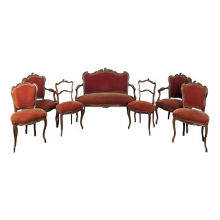 Louis XV Style Living Room Set in Carved Walnut with Orange Velvet Upholstery, Set of 7 For Sale