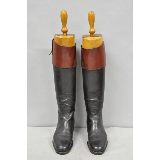 Vintage Maxwell London English Leather Black & Brown Equestrian Horse Riding Boots w/ Tall Wooden English Shoe Trees....