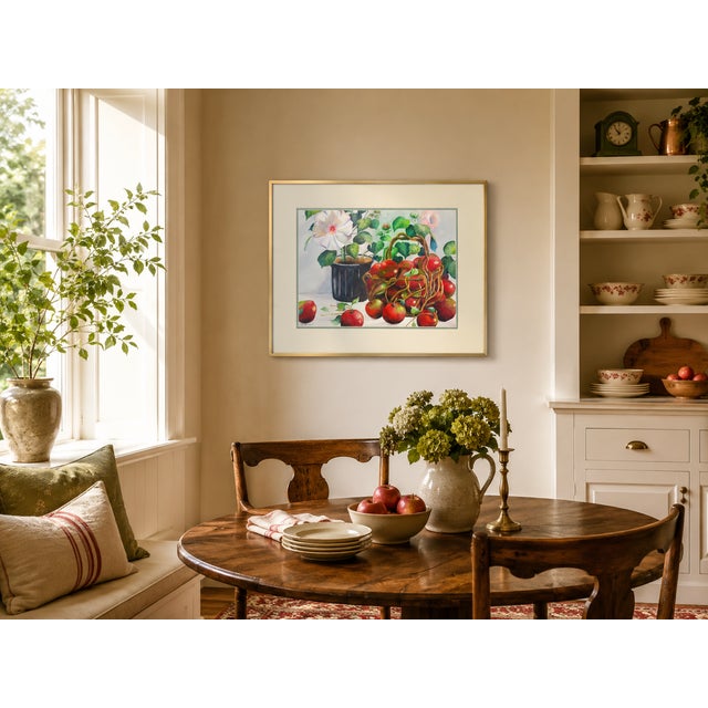 Still Life of Potted Flower and Basket of Apples - Tomoko Parry, C. 1990s For Sale - Image 9 of 10