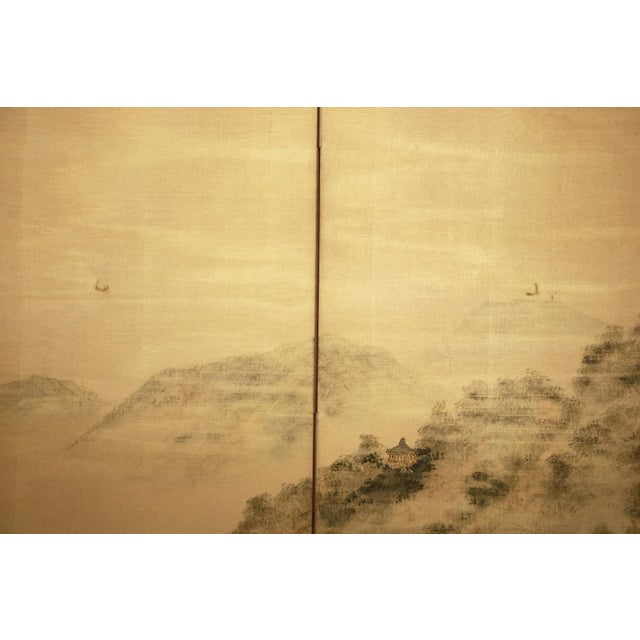 C. 1960s Showa Era Japanese Byobu Screen "Mountain Landscape With Pine Trees" For Sale - Image 13 of 18