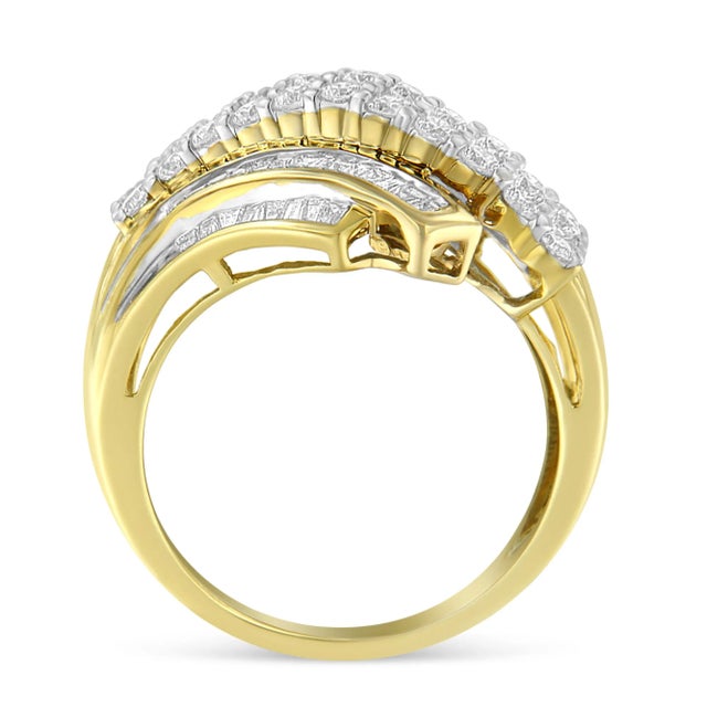 Contemporary 10K Yellow Gold 1.0 Cttw Round & Baguette Cut Diamond 64 Stone Bypass Style Channel Set Modern Statement Ring - Size 6 For Sale - Image 3 of 7
