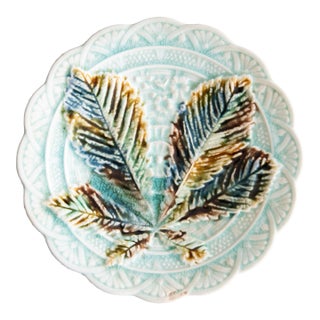 19th Century Swedish Rörstrand Majolica Turquoise Chestnut Leaf Plate For Sale