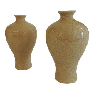 Tan Asian Crackle Finish Plum Shape Vases - Set of 2 For Sale