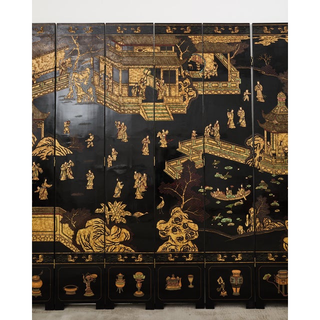 Grand Chinese Export Eight Panel Lacquered Coromandel Screen For Sale - Image 4 of 12