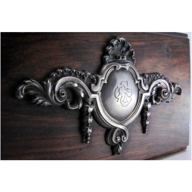 Wooden Jewelry Box with Silver Applications and Coat of Arms Letters on the Lid For Sale - Image 10 of 11