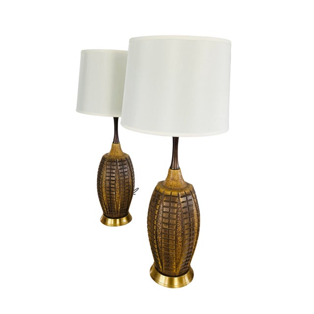 Pair of Mid-Century Modern Brutalist Abstract Ceramic Table Lamps – Geometric Textured Design, Walnut & Brass Accents,...