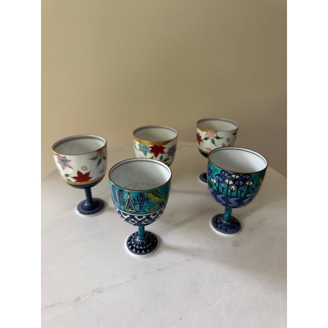 Mid 20th Century Mid 20th Century Set of 5 Japanese Porcelain Footed Sake Goblets — Hand-Painted, Arita Style — Autumn, Garden & Egyptian Motifs For Sale - Image 5 of 8
