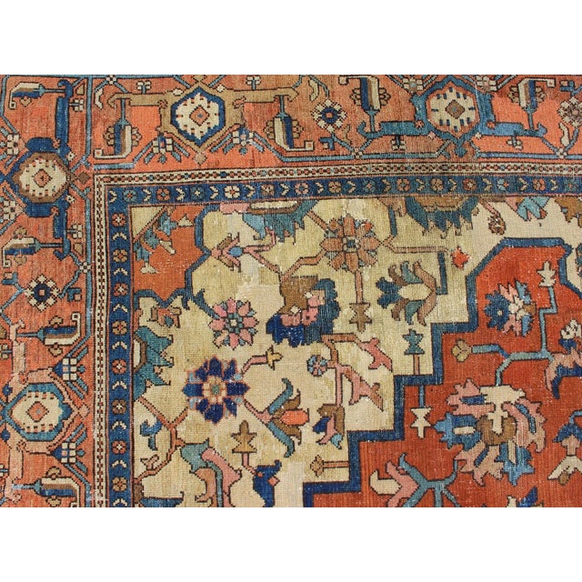 Antique Persian Serapi Rug in Geometric Medallion Design With Orange & Blue 8'2 X 11'3 For Sale - Image 11 of 16