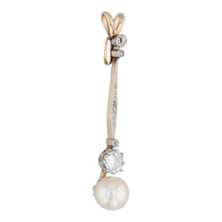 Antique Cultured Pearl 0.31ctw Diamond Pendant 10k - 17k Yellow Gold For Sale