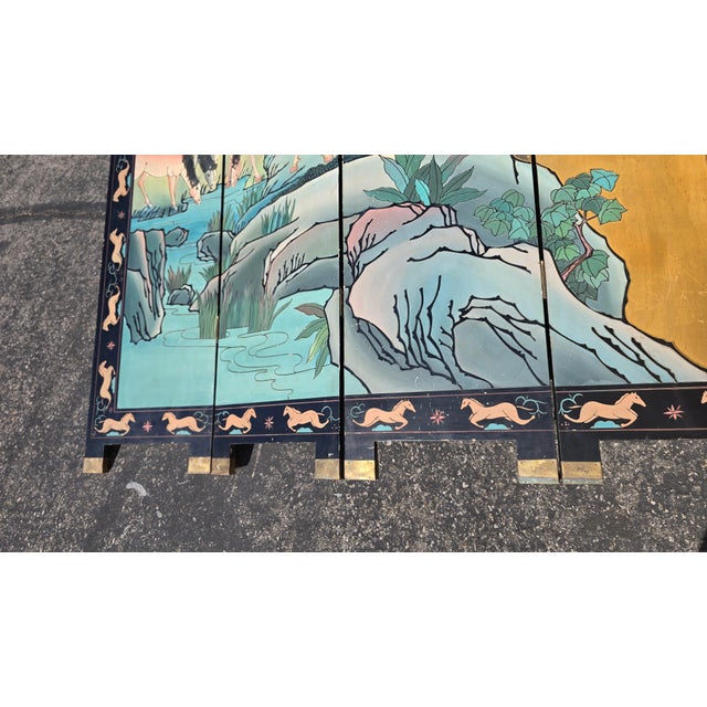 Signed Ten Horses Vintage Chinese Four Panel Screen Gold & Turquoise Shi Jun Tu For Sale - Image 14 of 15