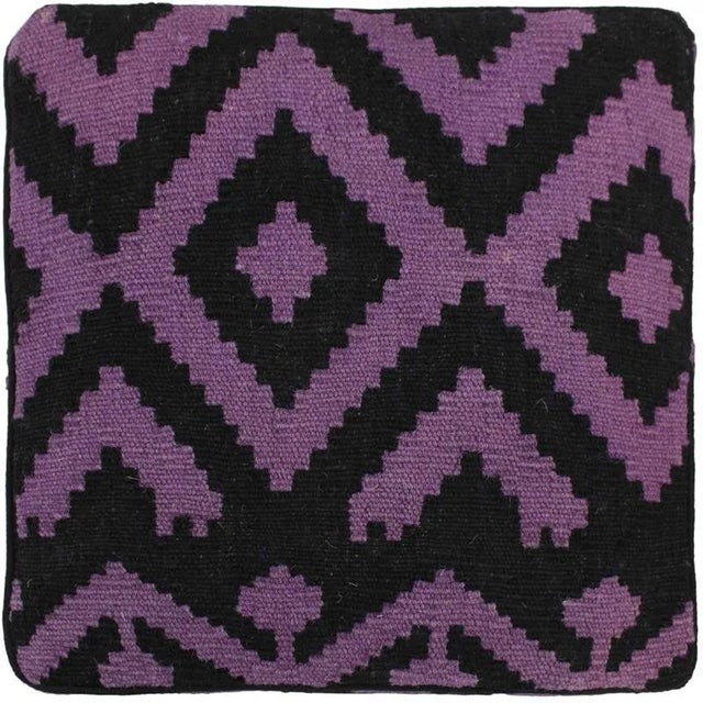 Wood Boho Chic Black/Purple Handmade Kilim Upholstered Ottoman For Sale - Image 7 of 11