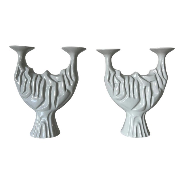 Vintage Naaman White Porcelain Shabat Candleholder - a Pair For Sale