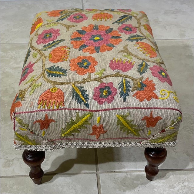 Contemporary Antique Suzani Embroidered Footstool – Silk Hand-Stitched Needlepoint For Sale - Image 3 of 15