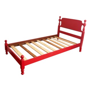 1950s Mid Century Spindle Solid Wood Red Bed Frame For Sale