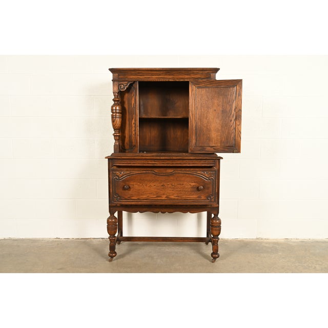 1930s Bernhardt Furniture Antique English Jacobean Carved Oak Bar Cabinet, Circa 1930s For Sale - Image 5 of 16