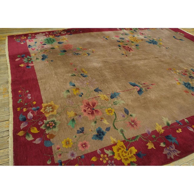 1920s 1920s Tan Ecru Floral Shah Abbas Antique Chinese Art Deco Wool Rug 8'8''x 11'6'' For Sale - Image 5 of 10