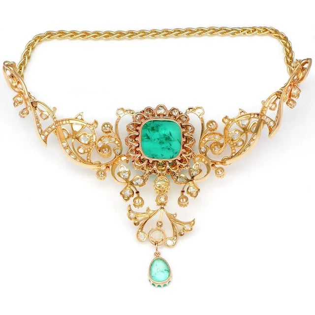 Traditional Gia Certified Belle Époque 14k & 22k Gold Necklace With 45.8ct Colombian Emeralds & 15.9ct Diamonds, Circa 1900 For Sale - Image 3 of 16