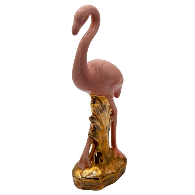 Pink Mid 20th Century Ceramic Fancy Bird Pink & Gold Flamingo Tabletop Statue For Sale - Image 8 of 10