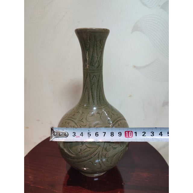 Chinese Ceramic Vase Yaozhou Ware Celadon Vase Hand Carved Flowers Pattern For Sale - Image 9 of 10
