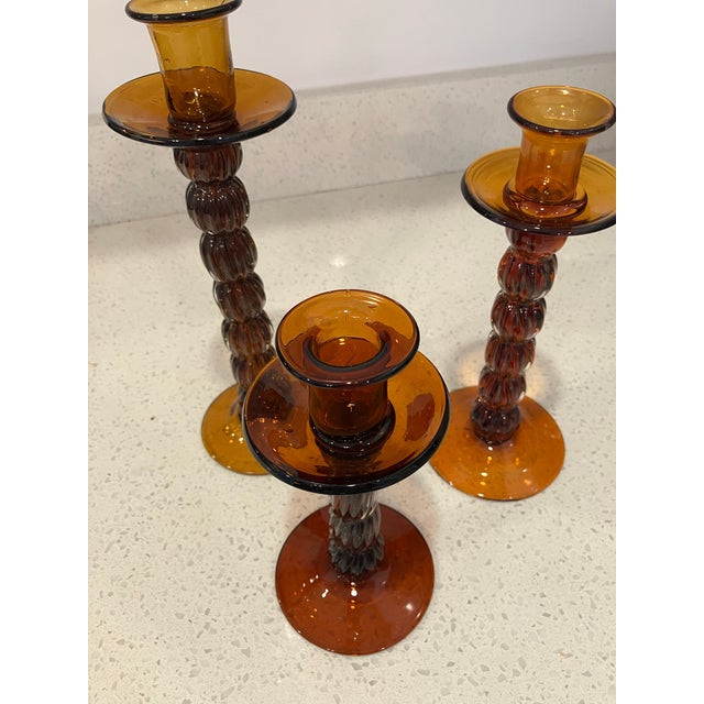 Set of Three Amber Colored Glass Candlesticks For Sale - Image 6 of 7