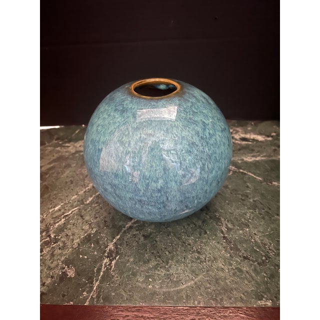 approx 7 x 6 tall sphere ceramic glaze blue green open top and bottom heavy actual age unknown