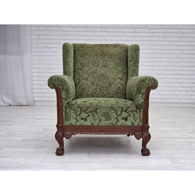 Danish Armchair in Green Velour and Carved Oak, 1950s For Sale - Image 10 of 18